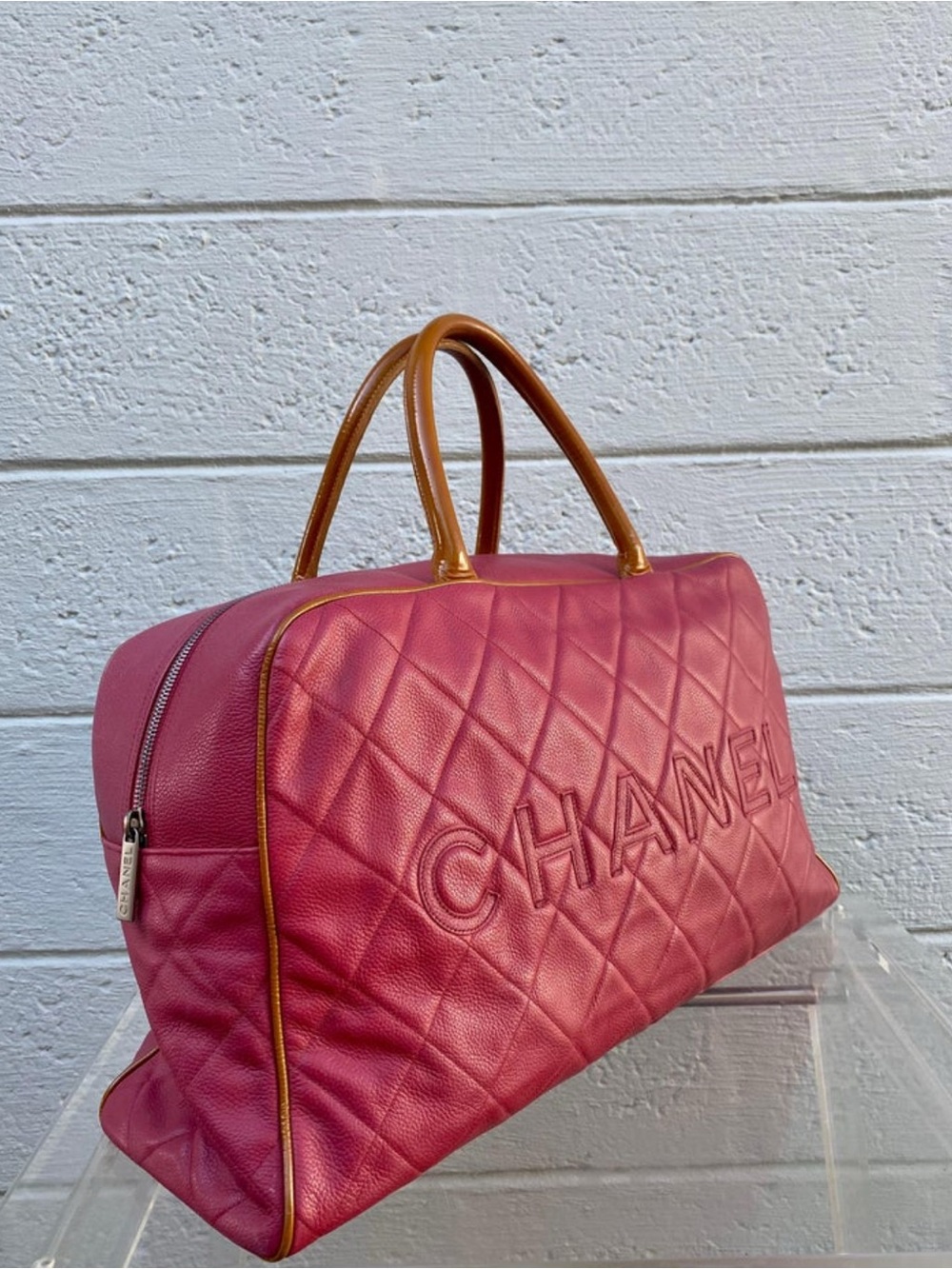 CHANEL Rare Vintage Raspberry Pink Caviar Weekender Travel Duffle Shopper Bag